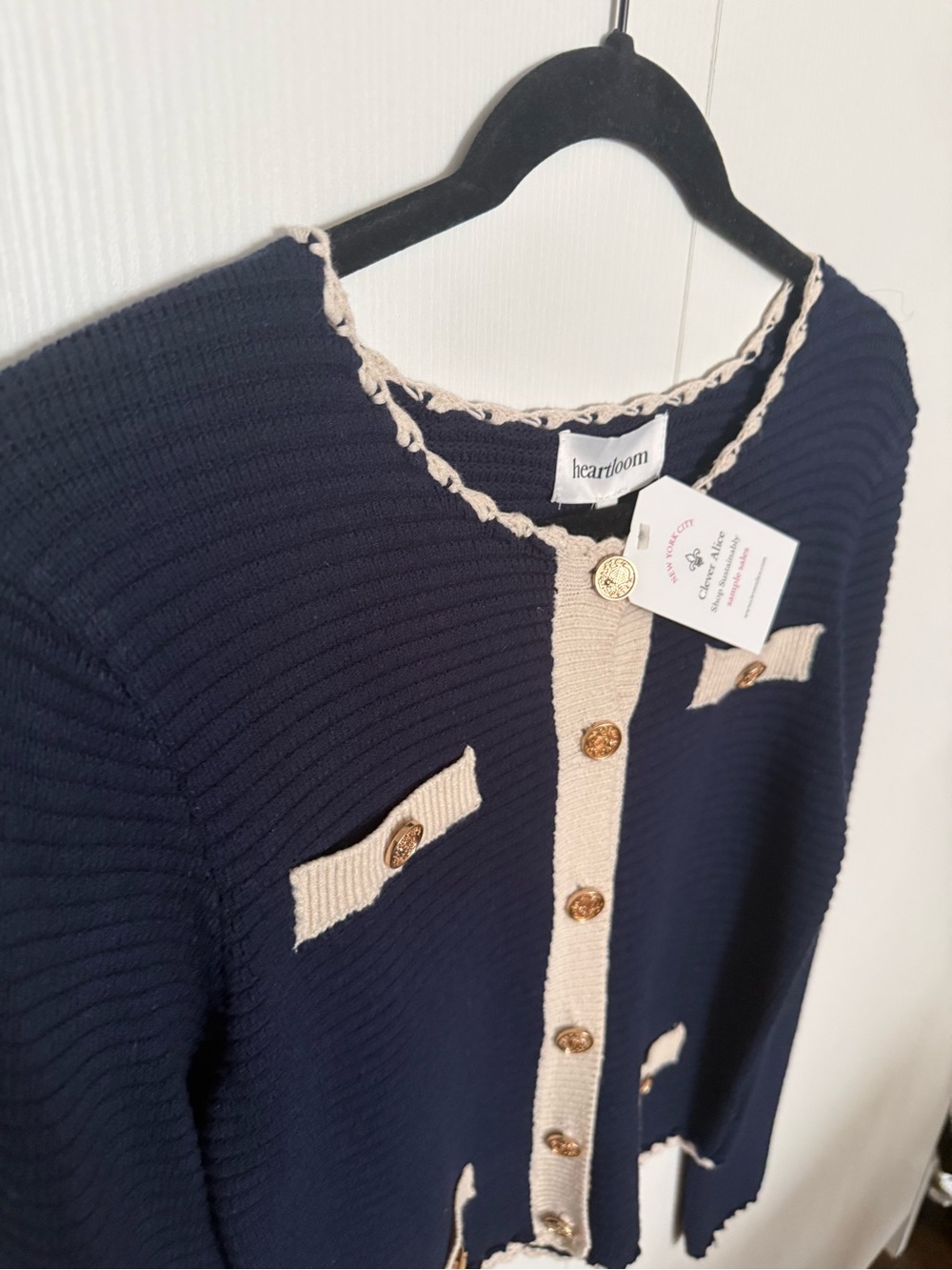 heartloom Navy & Cream Knit tweed Cardigan Sweater size medium - Picture 3 of 7